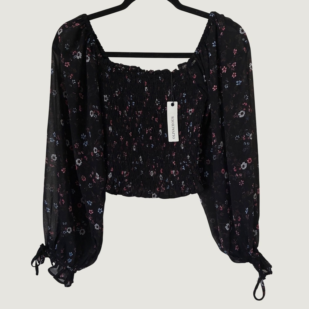 Olivaceous Dark Romantic Black Floral Smocked Crop Top Long Balloon Sleeve S NWT